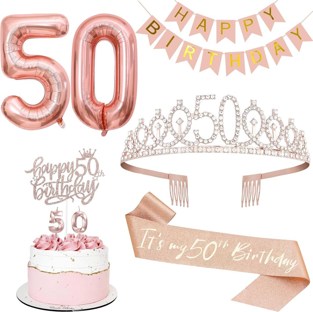 50th Birthday Decorations for Women, Including 50th Tiara and Sash, Happy Birthday Banner, Cake Toppers, Number Candles and Balloons Set, Rose Gold