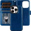 Bocasal Detachable Wallet Case for iPhone 15 Pro RFID Blocking Card Slots Holder Premium PU Leather Magnetic Kickstand Shockproof Wrist Strap Removable Flip Protective Cover 5G 6.1 inch (Blue)