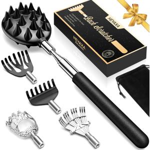 Telescoping Back Scratcher with 5 Detachable Heads, Gifts for Christmas, Stocking Stuffers for Men, Women, Him, Her, Dad, Funny White Elephant Gifts for Adults, Gift Box Included (Regular, Ink Black)