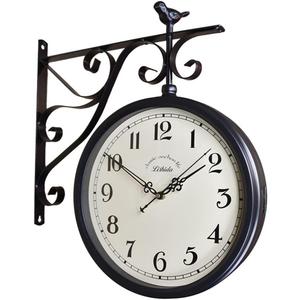 American Iron Vintage Train Station Clock Double Sided Wall Clock, Double Sided Metal Clock, European Antique Silent Double Sided Wall Clock for Patio, Garage, Fence, House, Living Room Art Decoration