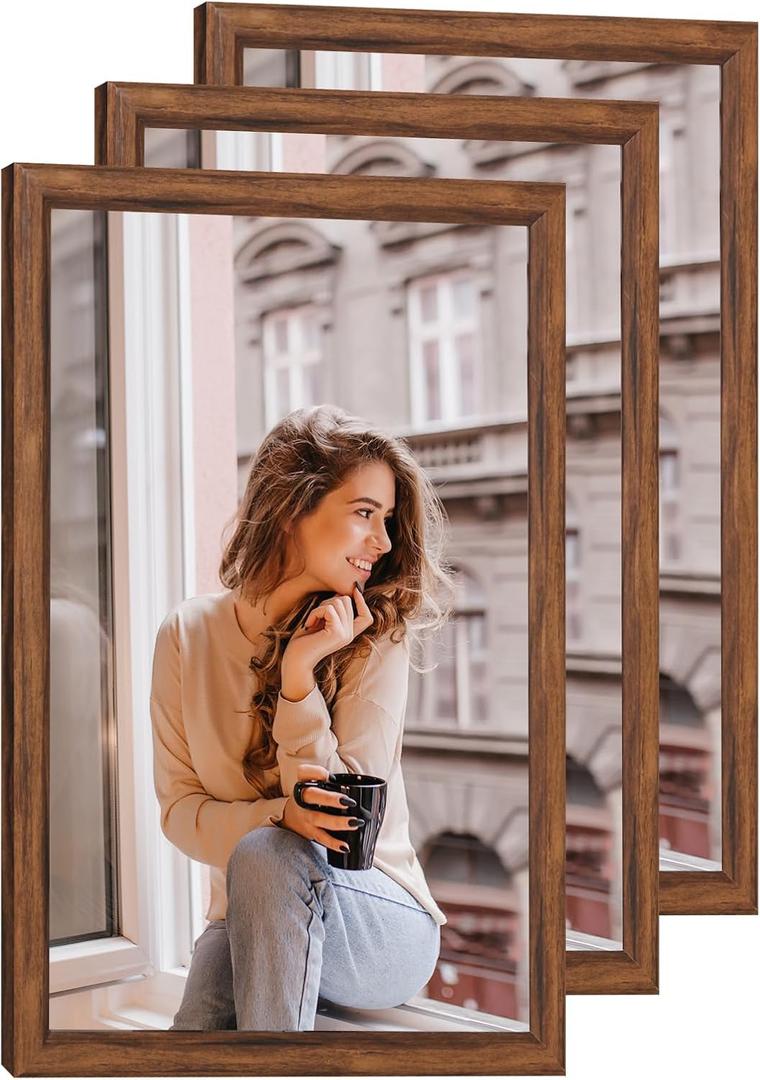 3 Pack 20x28 Wood Picture Frame Brown, Rustic Natural 28x20in frame Woodgrain, Distressed Brown 20 x 28 in Wall Photo Poster Frame with HD Plexiglass, Horizontal Vertical Wall Mounting Set of 3