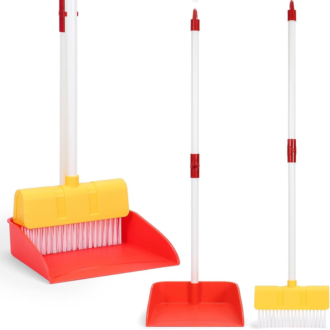Kids Cleaning Toy Set Toddlers Broom Dust Pan Set for Housekeeping Pretend Play Cleaning Set, Cleaning Toys Gift for Toddlers Girls Boys Age 3-6 Years Old (2PCS - Red and Yellow Set)