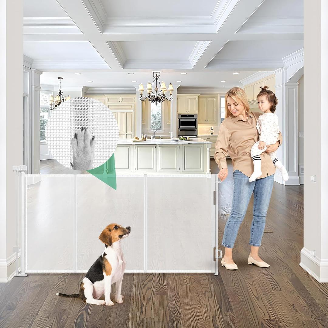 Reinforced 85 Inch Wide Retractable Dog Gate Extra Long Baby Gate with Support Rods  Prevent Crawling Under, Indoor Extra Wide Retractable Baby Gate Retractable Gate Outdoor Gates for Decks, White
