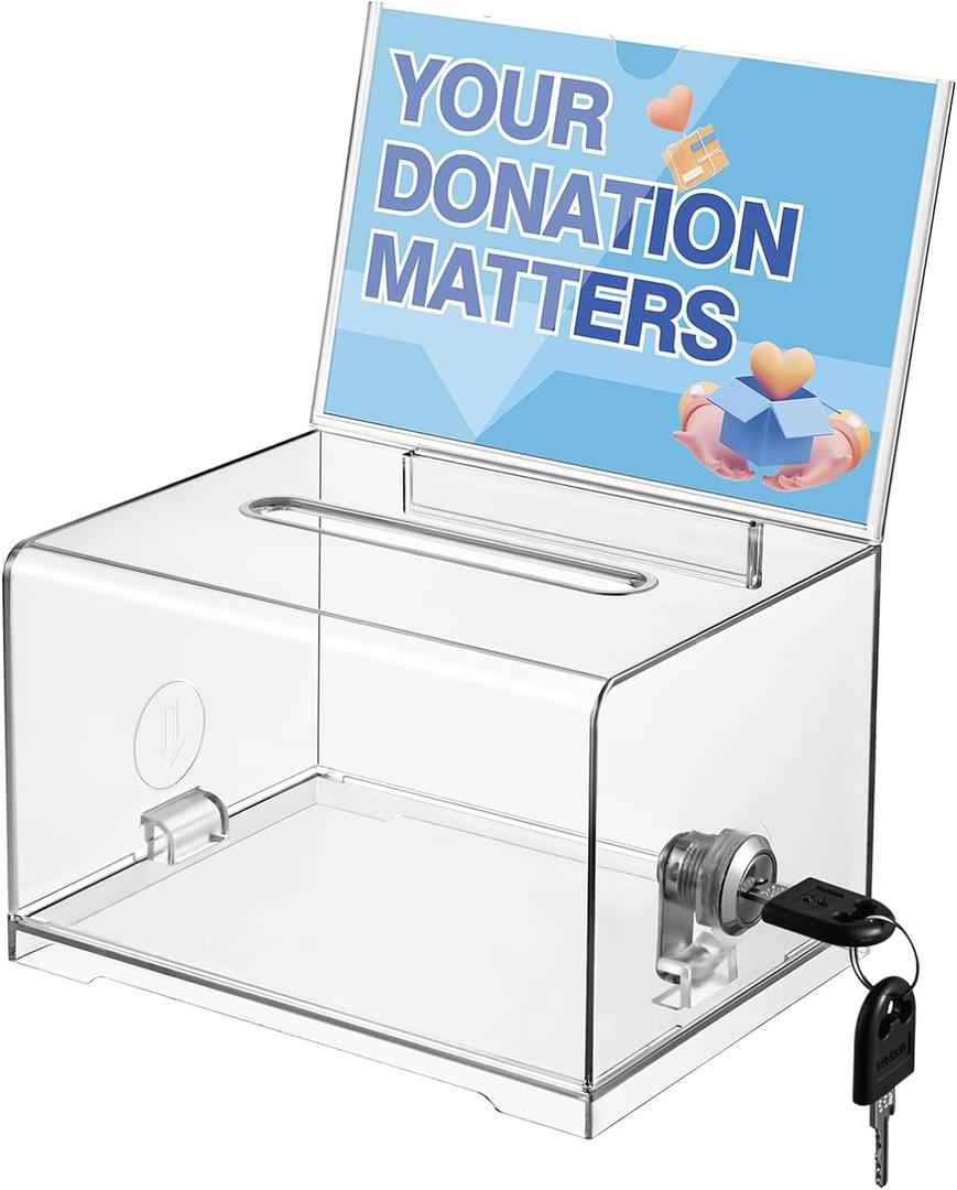 Polmart Clear Donation Box with Lock - Secure Ballot Box with Removable Sign Holder 2 Keys - for Money, Cards, Votes, Tickets, Feedback Collection (4.75"D x 6.29"W x 8"H)