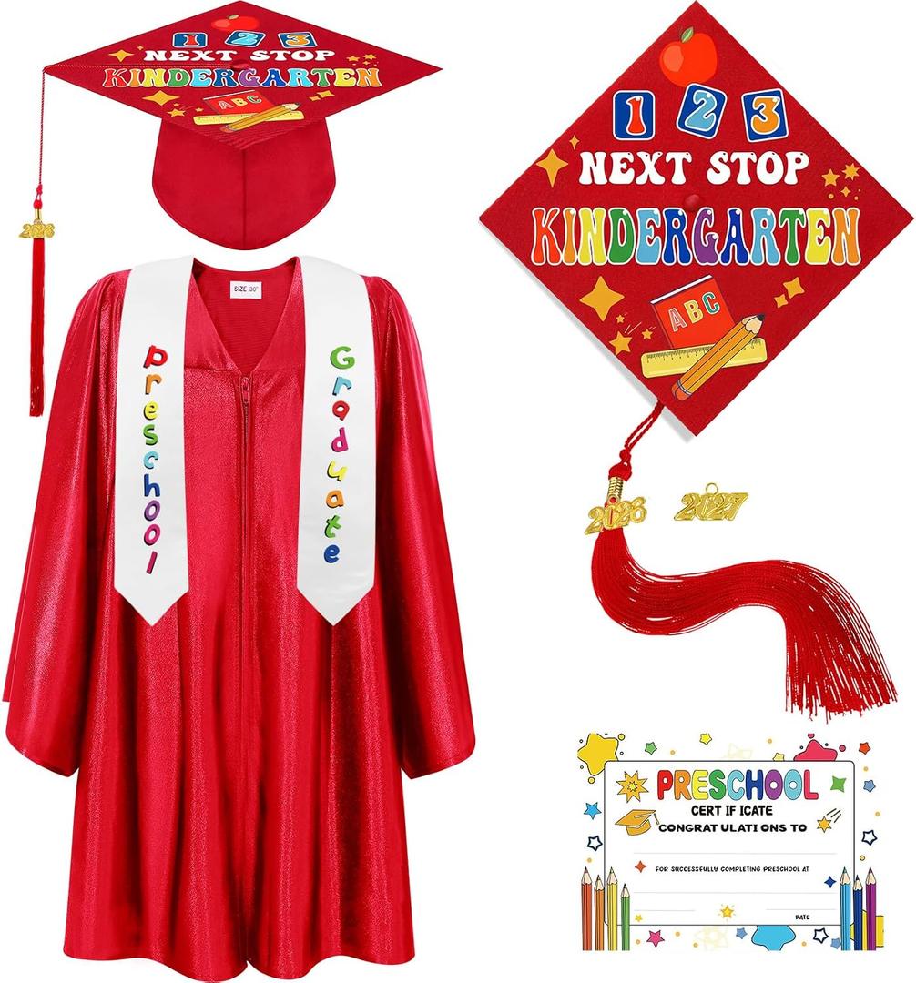 Bokon 4 Pcs 2026 Kindergarten Preschool Graduation Cap and Gown with Tassel Graduation Stole and Certificate for Toddler Kids