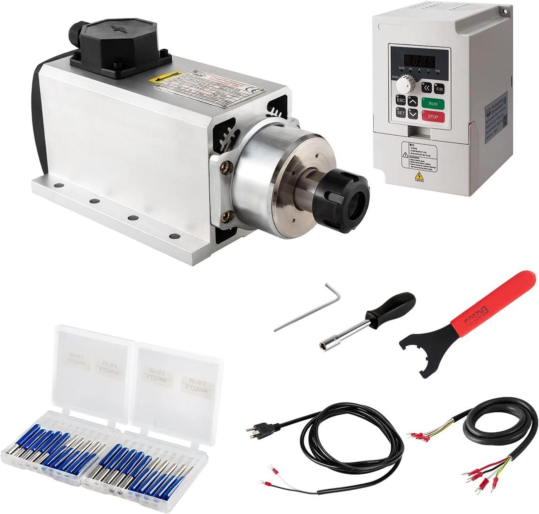 CNC Spindle Motor kits, 220V 4KW 4000W Air Cooled Spindle Motor Square CNC Spindle CNC Motor + 220V 4KW VFD + ER25-6mm Collet + Aviation Wire + Drill Bits For CNC Router Machine