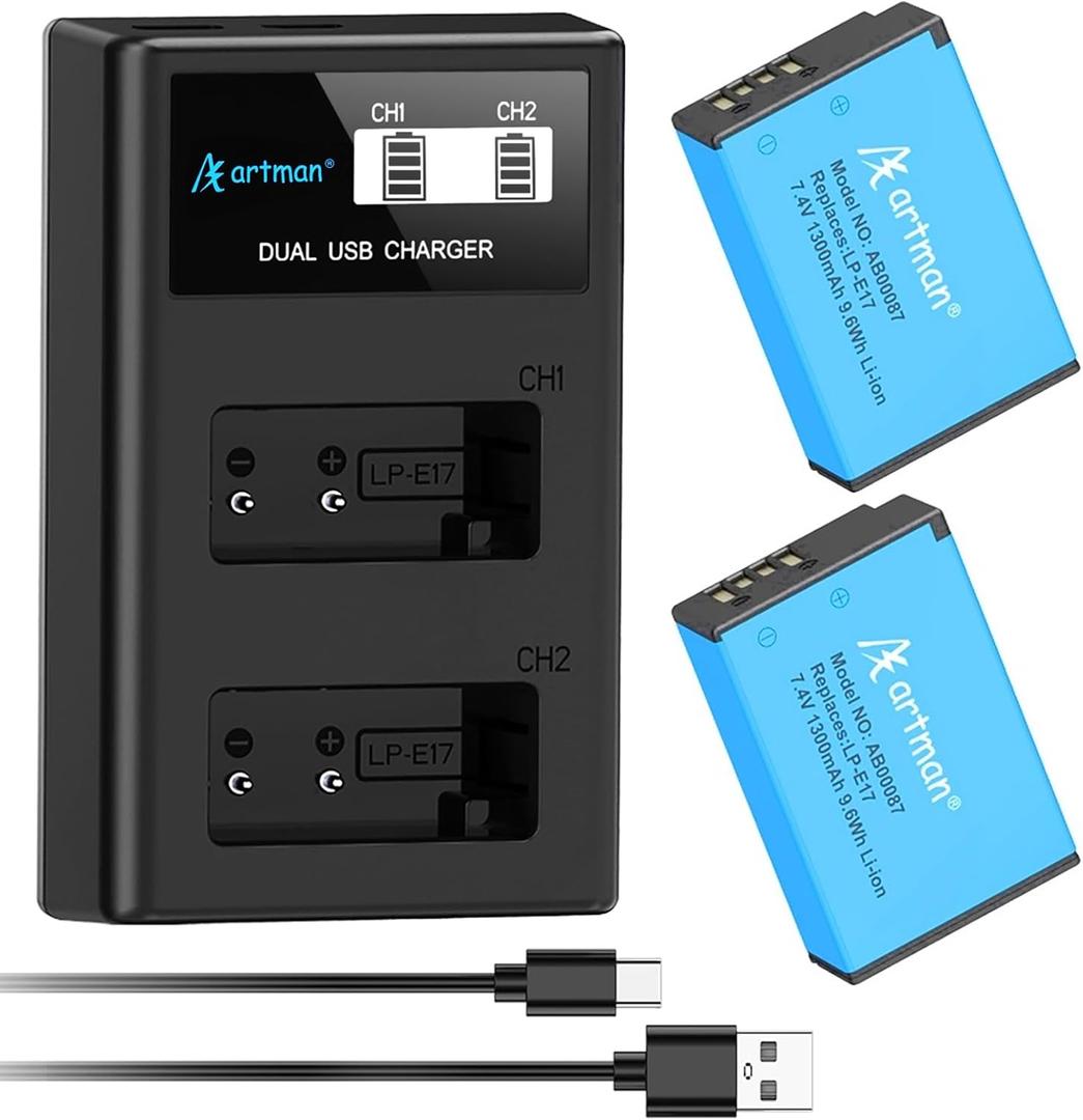 Artman LP-E17 Battery 2-Pack and Upgraded LCD Dual USB-C Charger for Canon EOS R8 R10 RP R50 R100, Rebel T8i T7i T6i T6s, SL2, SL3, M3 M5 M6, M6 II, 77D 200D 250D 750D 760D 800D 8000D KISS X8i Cameras
