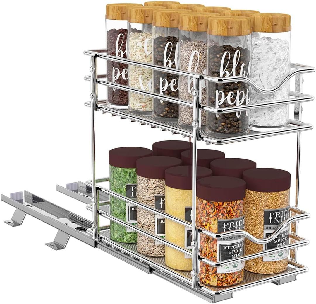 OCG 2 Tier Pull Out Spice Rack Organizer8.3" W x 10.4" D for Cabinet, Slide Out Seasoning Organizer Fits Spices, Sauces, Cans etc OCG 2 Tier Pull Out Spice Rack Organizer8.3" W x 10.4" D for Cabinet, Slide Out Seasoning Organizer Fits Spices, Sauces, Cans etc