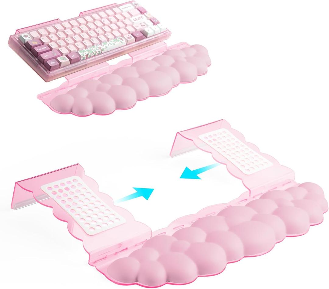 Ergonomic Keyboard Wrist Rest, Adjustable Tilt Stand Combo, Pink Acrylic Cloud Comfort Wrist Support, Customizable Width Riser for Home, Office Desk - Portable Comfortable Typing (Pink)