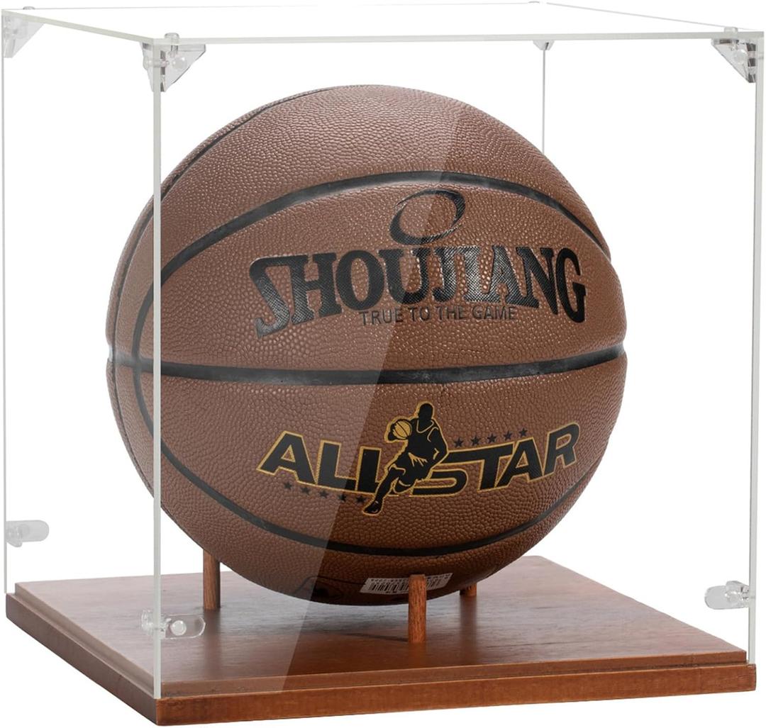 Basketball Display Case, Thickened UV Protection Clear Acrylic Lid Basketball Holder, Wooden Basketball Base Stand for Autographed Ball