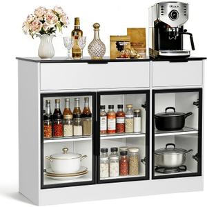 Buffet Cabinet with Drawers, Buffet Storage Cabinet with Transparent Glass Doors, Kitchen Supplies Storage Cabinet, Wooden Coffee Bar Table for Dining Room,Living Room Entrance, White