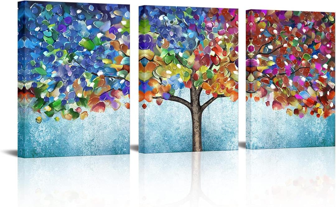 HOMEOART Tree of Life Wall Art 3Pcs Abstract Colorful Blooming Tree Painting Framed Canvas Artwork Living Room Bedroom Home Wall Decor 12"x16"x3Pcs