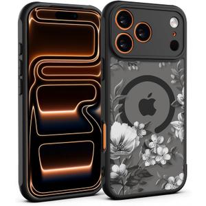 for iPhone 17 Pro Case, Black Floral Flower Pattern Case [Compatible with MagSafe] [Translucent Matte] Cute Slim Shockproof Protective Women Girls iPhone Case, White Flower