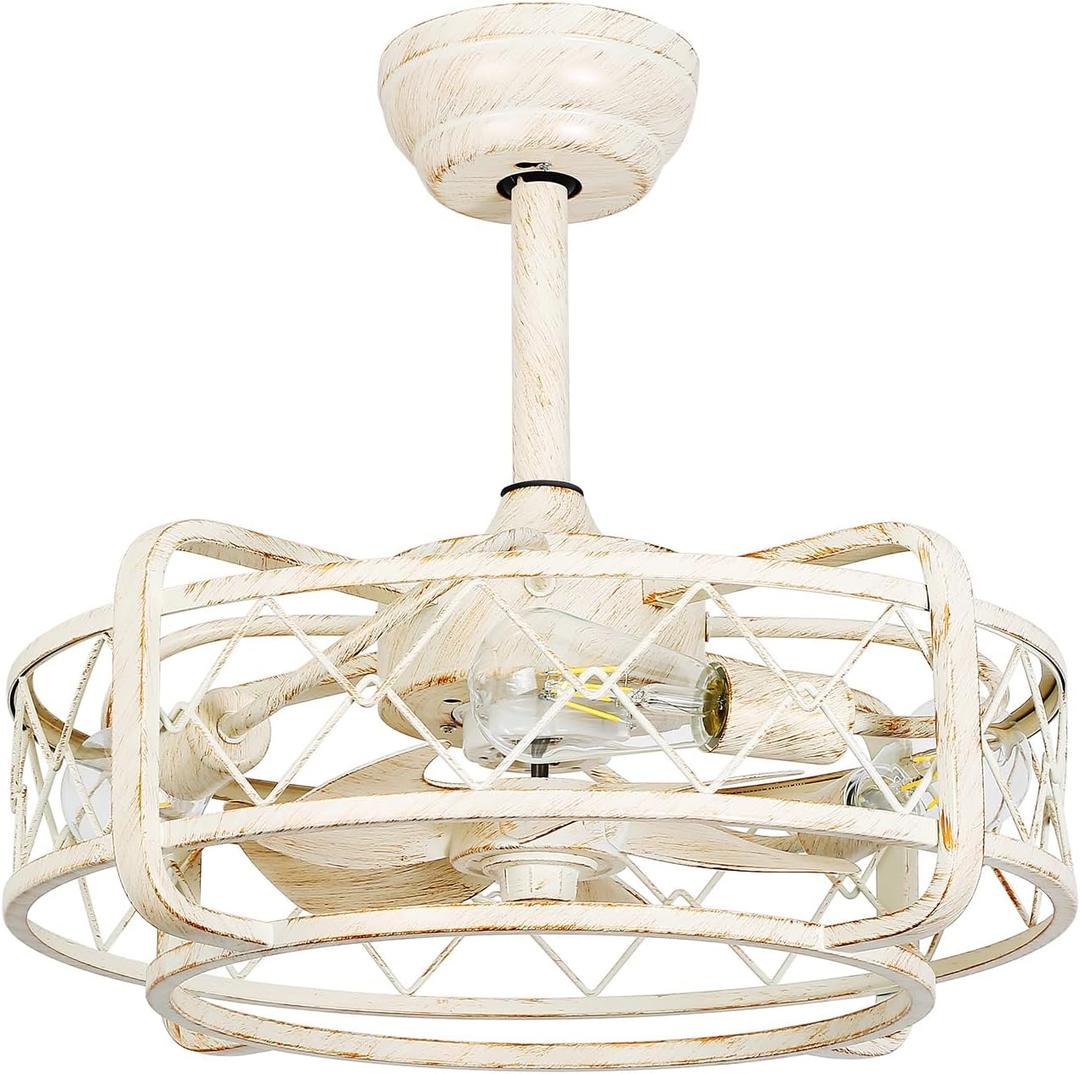 Caged Ceiling Fan with Light Flush Mount Fandelier with Light and Remote Reversible 6 Speeds Motor Dia.20 Low Profile Enclosed Ceiling Fan, White