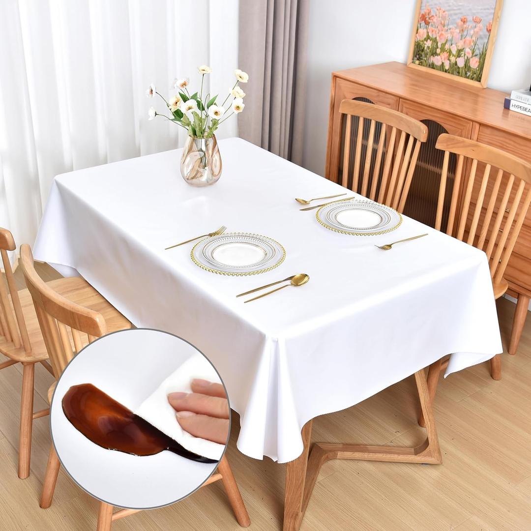 Rectangle Tablecloth 60 x 84 inch for 6-8 Seats Waterproof, TPU Coated Spill Proof Dining Table Cloths White