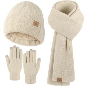 Oatmeal Winter Beanie Hat Scarf Gloves, Warm Fleece Knit Hat Long Scarf Neck Warmer Touch Screen Winter Gloves Set
