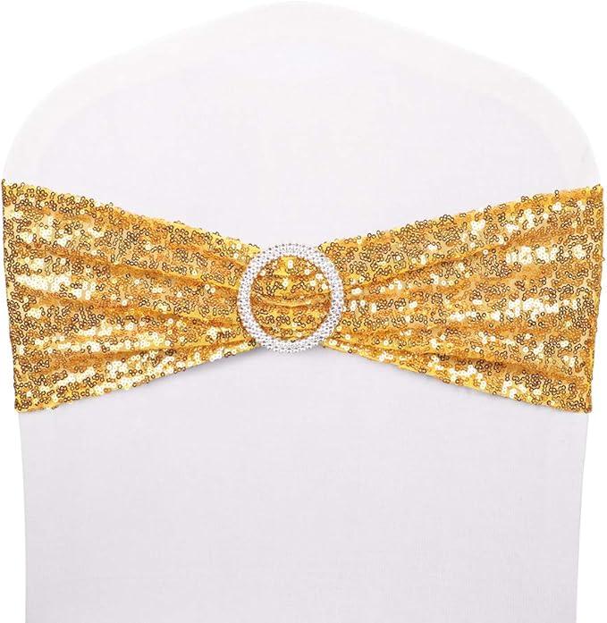 Pack of 48 Chair Sashes Sequin Stretchy Spandex Bands Decorative Bows One-Sided Sequins Decor for Romantic Wedding Party Home Chair Cover Sash Decorations - Gold