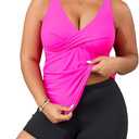 Tankini with Shorts Two Piece Swimsuits Tummy Control Bathing Suits for Women, Large, Hot Pink and Black Tummy