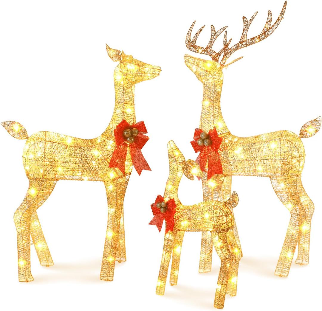 FUNNGO 3-Piece Large Lighted Christmas Deer Family Set with Bell Bow, Outdoor Reindeer Yard Decorations with 200 LED Lights, 10:1 Flickering Lights (Gold)