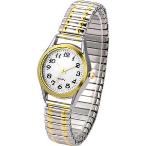JewelryWe Women's Ultra Thin Easy Reader Watch with Elastic Strap Golden/Silver Tone Stretch Band Watches for Valentine's Day (gold-silver strap white dial - 6.5")