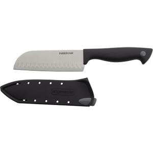 Farberware Edgekeeper 5-Inch Santoku Knife with Self-Sharpening Blade Cover, High Carbon-Stainless Steel Kitchen Knife with Ergonomic Handle, Razor-Sharp Knife, Black (Black/Gray)