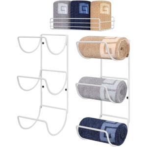 NearMoon Towel Rack Wall Mounted- All Metal Bathroom 2 Towel Rack Holders+ Hand Towel Storage Basket, Rustproof 3 Level Wine Rack Organizer for Hand Towels, Washcloths, 2+1 Pack (White)