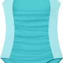 Girl Swimsuit One Piece Bathing Suit for Girls Solid Color Ruched Adjustable Straps Padded Swimwear (13-14 Years, Light Green)
