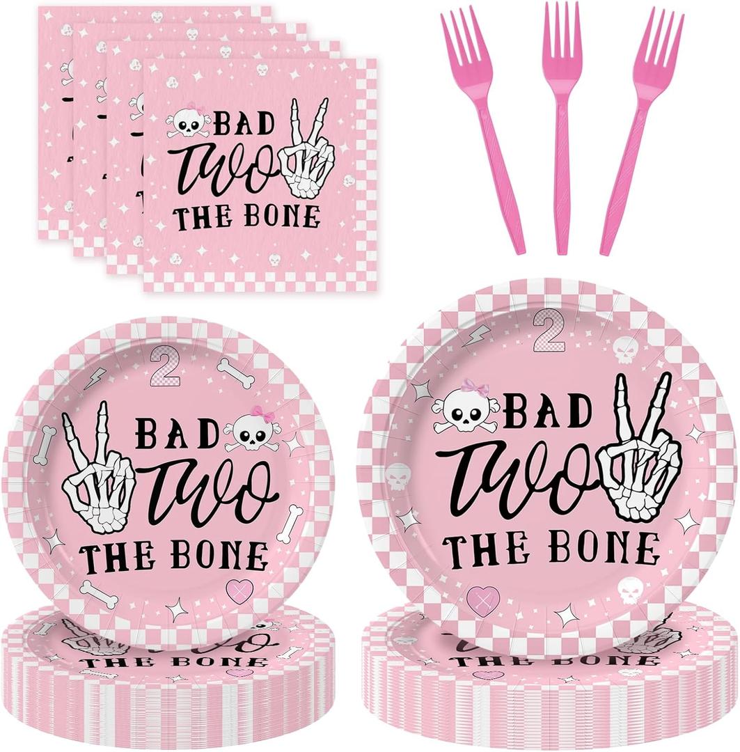 80Pcs Bad Two the Bone party Decorations Party Supplies Skeleton Themed Tableware Set Plates Napkins 20 Guests