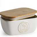 Getstar Ceramic Butter Dish with Acacia Lid for Countertop, Silicone Sealing, Farmhouse Kitchen Counter Decor, Large Butter Keeper Container (6.5x4)