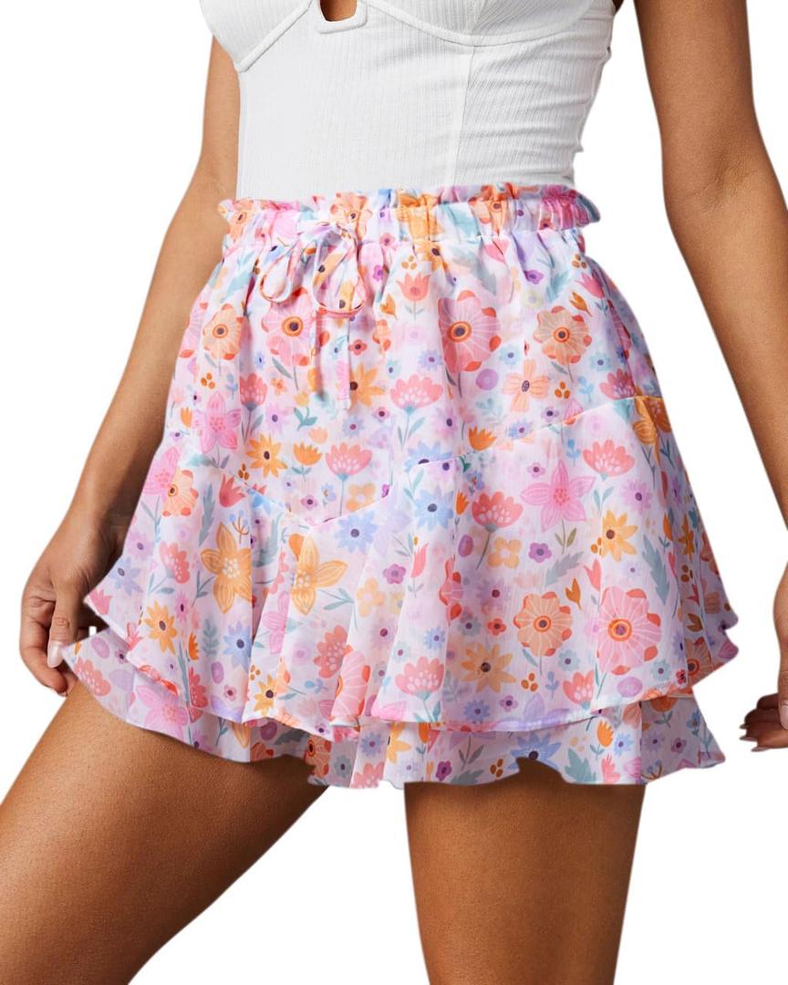 Flowy Shorts for Women Casual Boho Floral Skorts Ruffle Mini Skirts Running Tennis Butterfly Chiffon Shorts (S)