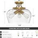 VONLUCE Semi Flush Mount Ceiling Light, 13.8" Ceiling Light Fixture with Clear Glass Shade, E26 Base, 3-Bulb Industrial Lighting Fixture for Hallway Entryway Bedroom, Brushed Gold, ETL Certificated