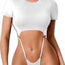Avidlove Women's Sexy Cut Out Lingerie Bodysuit Short Sleeve Tshirt Body Suits Slim Fit Crew Neck Crop Tops (Large, White)