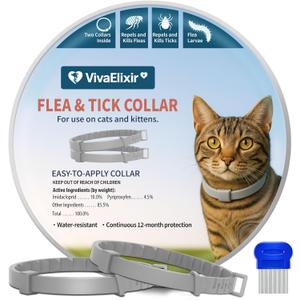 Flea and Tick Collar for Cats 2 Pack, 12 Months of Cat Flea Collar Protection 2 Collars Made with Premium Plant Based Essential Oil Waterproof and Natural Treatment Prevention Free Comb