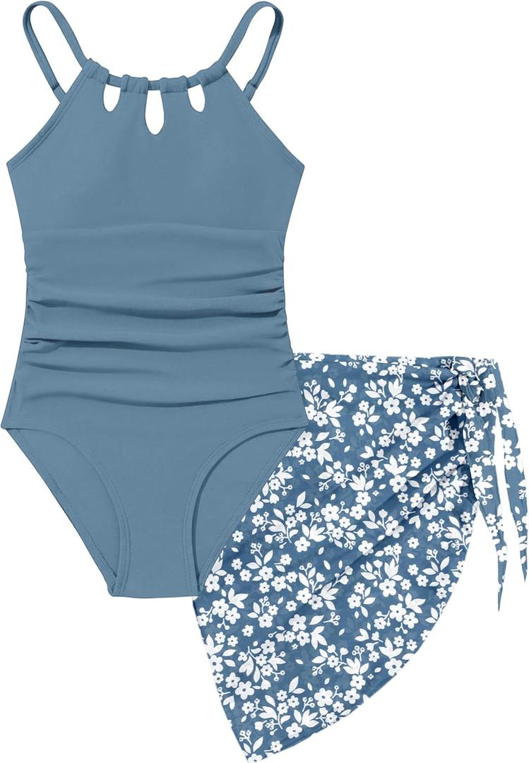 KANGKANG Girls Swimsuit Quick Dry Cut Out One Piece Swimsuits with Tropical Print Cover Up Skirt Bathing Suit Swimwear (11-12 Years, Dark Blue) KANGKANG Girls Swimsuit Quick Dry Cut Out One Piece Swimsuits with Tropical Print Cover Up Skirt Bathing Suit Swimwear (11-12 Years, Dark Blue)