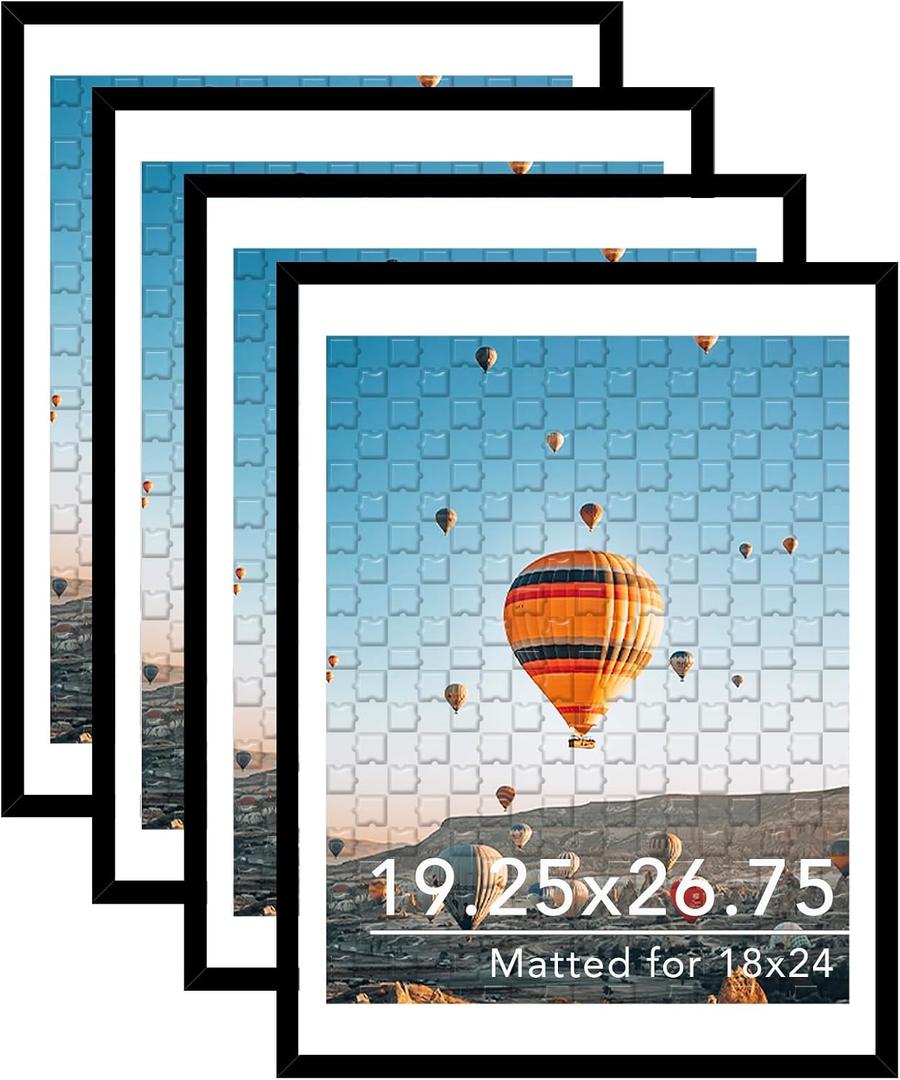 JCJMY 19.25x26.75 Puzzles Frame Set of 4, Display 18x24 with Mat or 19.25 x 26.75 without, Wall Hanging 19.25 by 26.75 Picture Frame for Poster Photo Canvas Picture Puzzles, 4 Pack, Black