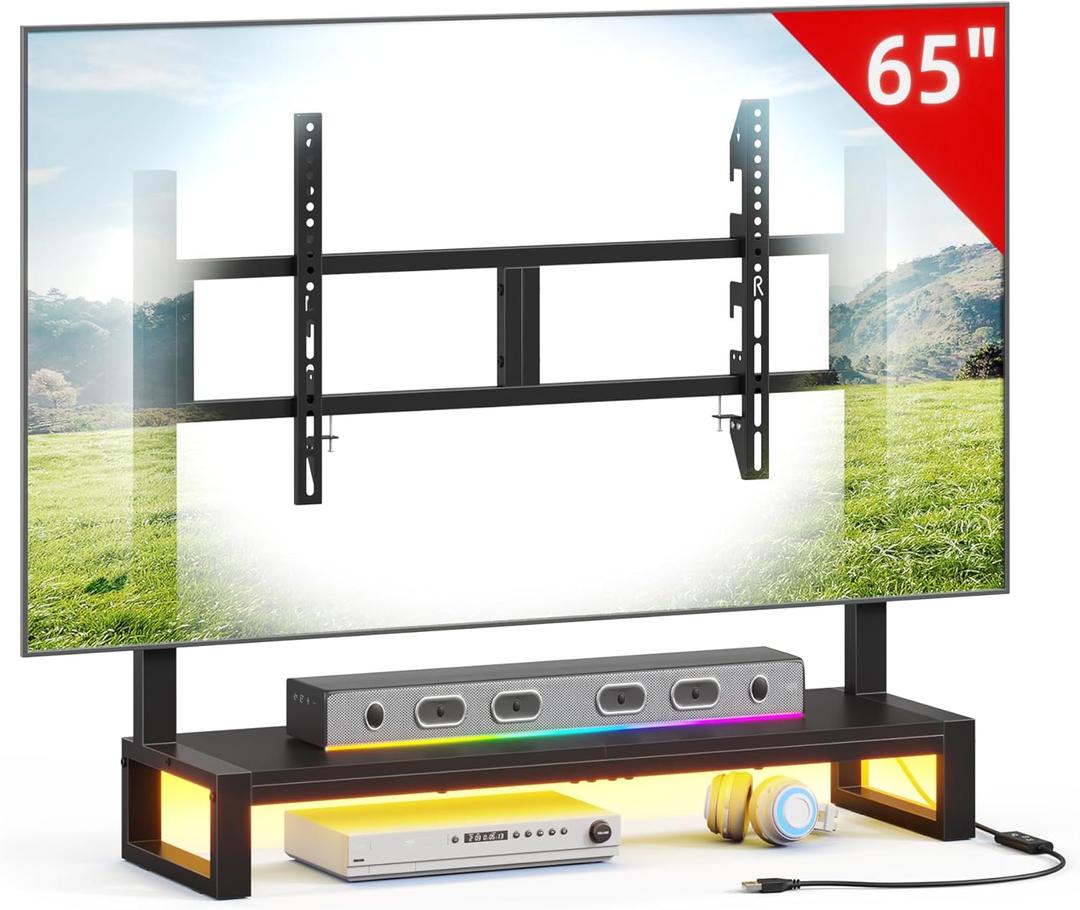 GYIIYUO Tabletop TV Mount Stand with Led Light for 32-65 Inch TVs, Height Adjustable Universal TV Base Stand, TV Riser Stand with Storage Soundbar Shelf for Living Room,Bedroom(Black) (30"11")