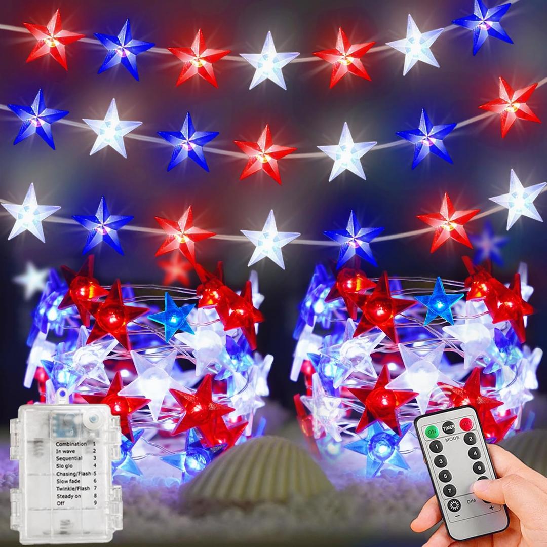 2 Pack 100 LED Red White and Blue Lights - 33 FT 4th of July Patriotic Lights With 8 Modes & Remote - Battery Operated Timer for Memorial Day Independence Day Decorations