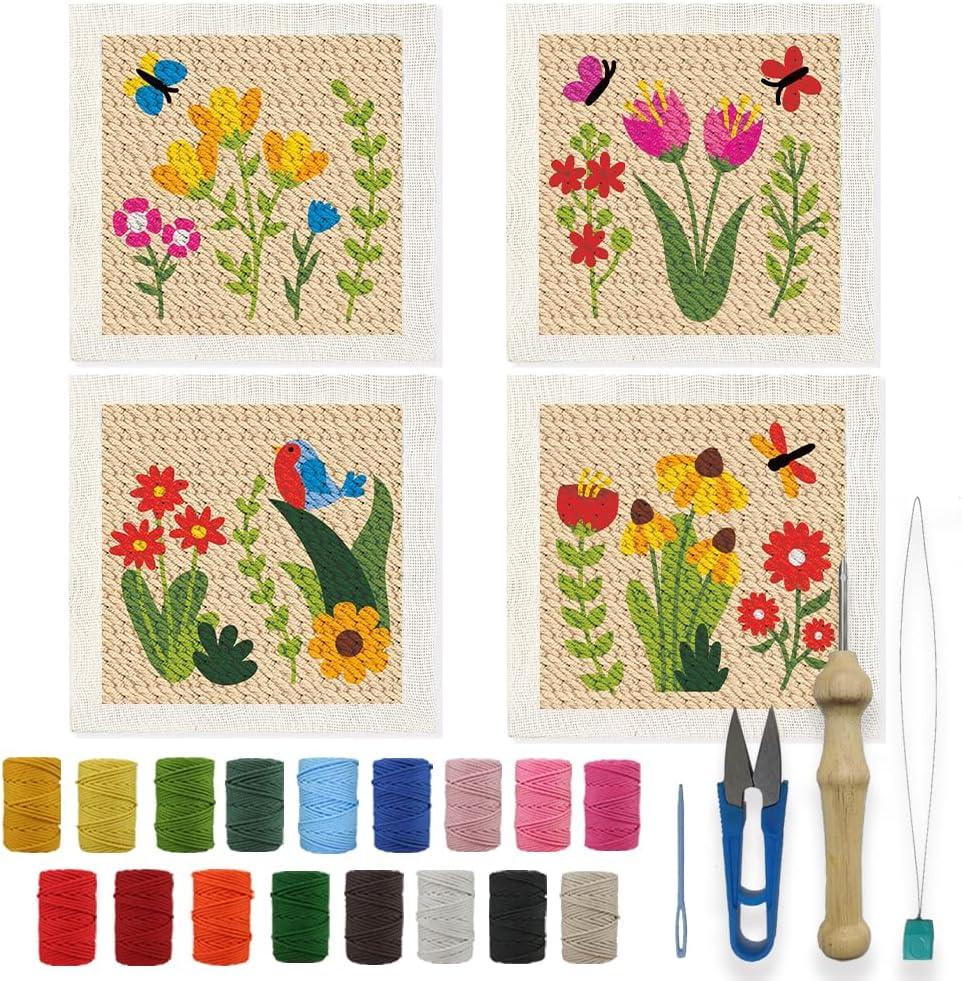 BEUNITONE 4 Sets DIY Punch Needle Kits for Beginners, Floral Flower Pre-Printed Pattern, Embroidery Punch Needle Starter Kits for Adults, Includes Pre-Printed Cloth, Yarns, Hoops, Threader and Instructions