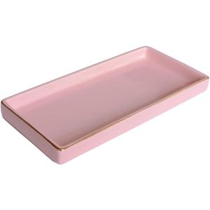 10 x 5 Ceramic Bathroom Tray for Countertop, Decorative Vanity Tray for Dresser Tops, Small Rectangular Trays for Perfume, Candle, Jewelry, Cosmetics (Pink)