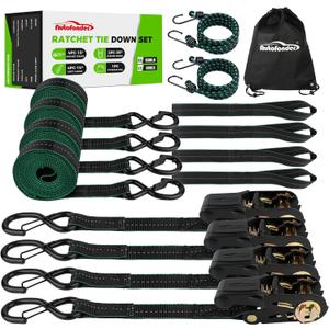 Heavy Duty Ratchet Tie Down Straps 1in x 15ft - 4 Pack Motorcycle Tie Downs with Soft Loops &Bungee Cords -1500LBS Break Strength - Cargo Straps with Safety Lock S Hooks for ATV, Dirt Bike