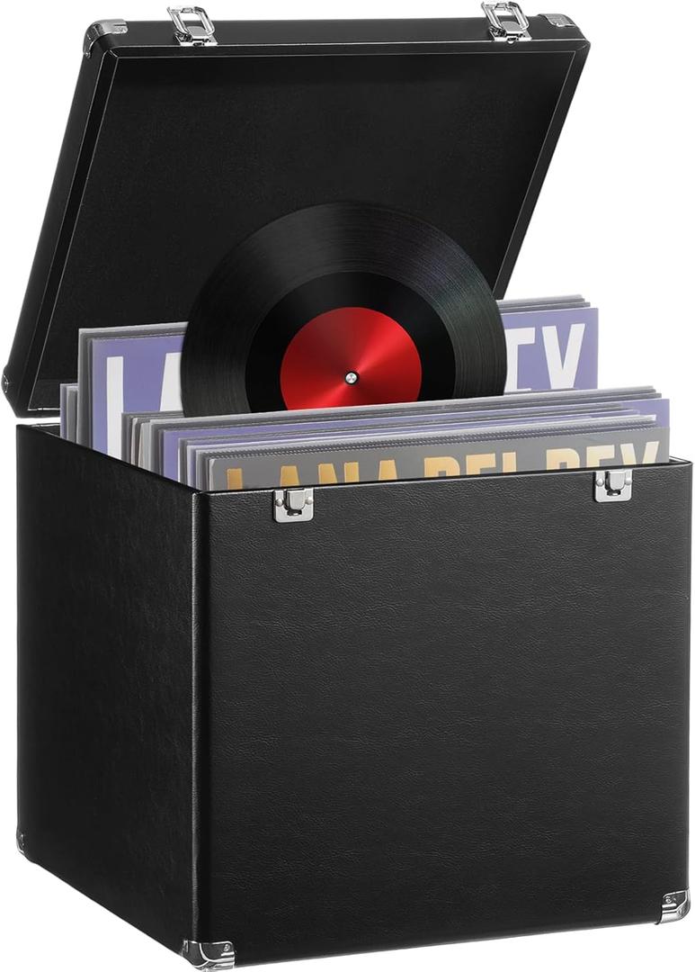 Large Vinyl Record Storage Case, 13 x 13 x 13 Inch for 100+ Single Records, Retro Lp Album Collection Display Box, PU Leather Water Resistant for 7/10/12 Inch Album Collection(Black)