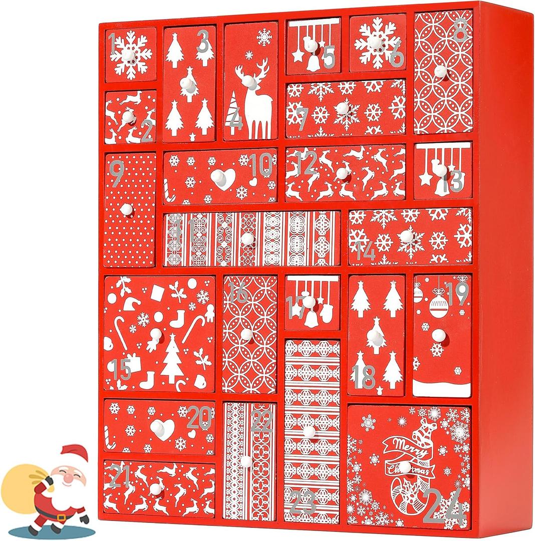 SUNGIFT Wooden Advent Calendar, Red Wood Reusable Advent Calendars with 24 Drawers, 15 Inch Countdown to Christmas Empty Refillable Advent Calendar to Fill 2025