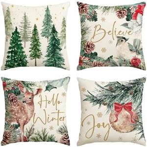 AVOIN colorlife Joy Christmas Holly Berries Reindeer Believe Throw Pillow Covers, 18 x 18 Inch Xmas Tree Hello Winter Holiday Cushion Case Decoration for Sofa Couch Set of 4