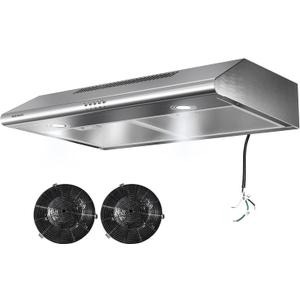 30 inch Under Cabinet Range Hood, 400 CFM Dual Motor Kitchen Vent, Dual Round LED Lights & 2 Charcoal Filters, Hardwired with Install Template, Stainless Steel, Ducted/Ductless