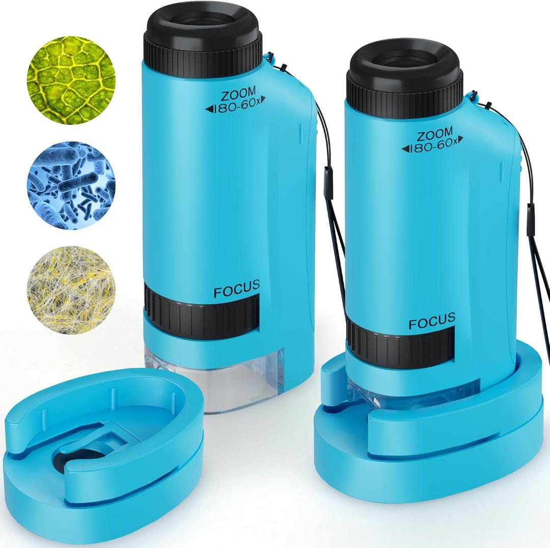 Portable Microscope for Kids Zoom 60x-180x,Handheld Mini Microscope Toy,STEM&Science Toys,LED Pocket,Little Scientist Microscopes with 12pcs Slides,Gift for 6,7,8,9,10+ Girls Boys2PCS Blue