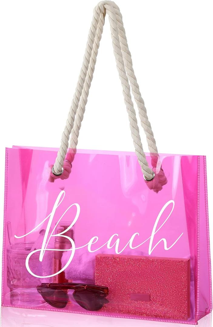 Sweetude Clear Beach Tote Bag Transparent Plastic PVC Women's Large Tote Waterproof Stadium Bags for Girl Summer Pool Party(Pink)