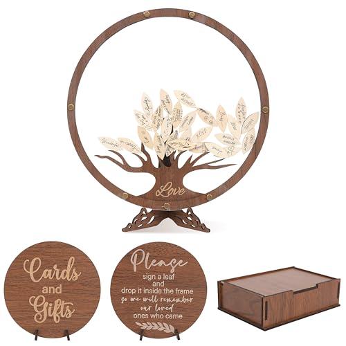 LINGANA Wedding Guest Book Alternative - Personalized Bridal Shower Party Decorations,Wooden Family Tree Guest Book,Standing Wedding Keepsake Artwork,Circle Family Tree Sign with 60 Leaves