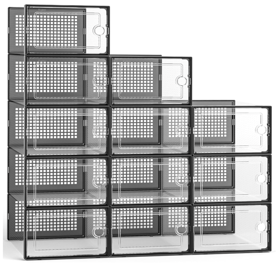 Kuject Large Shoe Organizers Storage Boxes for Closet, 12 Pack Clear Plastic Stackable Storage Bins with Lids, Under Bed Shoe Containers for Entryway, Drop Front, Fit up to Women's Size 10,Black