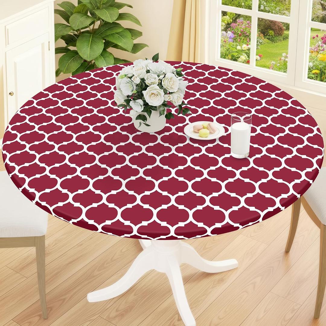 Smiry Round Picnic Tablecloth, Waterproof Elastic Fitted Table Covers for 45" - 56" Tables, Wipeable Flannel Backed Vinyl Tablecloths for Camping, Indoor, Outdoor, Red & White