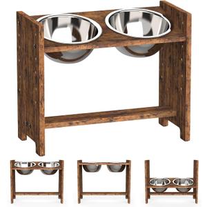 Vantic Elevated Dog Bowls, Adjustable Raised Dog Bowl Stand for Large and XLarge Pet, Sturdy Particle Board Food Feeder with 2 Stainless Steel Dishes, Rustic Brown